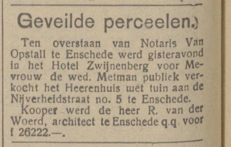 Nijverheidstraat 5 Mevr. Metman krantenbericht Tubantia 22-11-1918.jpg