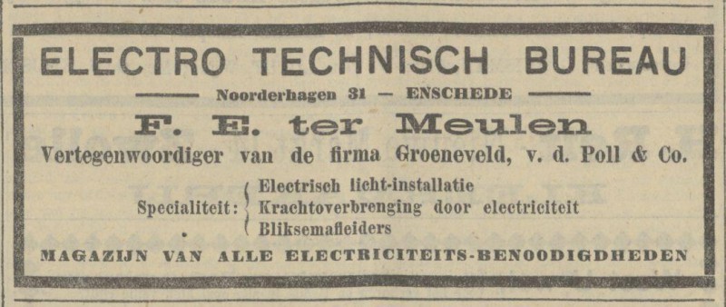 Noorderhagen 31 Electro Technisch Bureau F.E. ter Meulen advertentie 4-3-1911.jpg