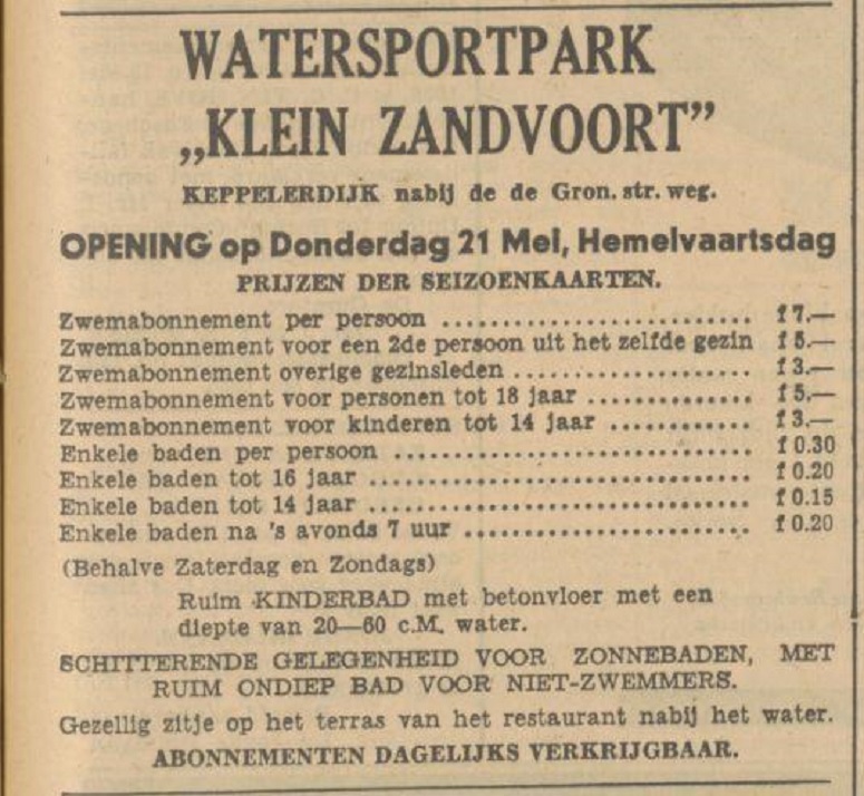 Keppelerdijk Watersportpark Klein Zandvoort Hemelvaartsdag advertentie Tubantia 15-5-1936.jpg
