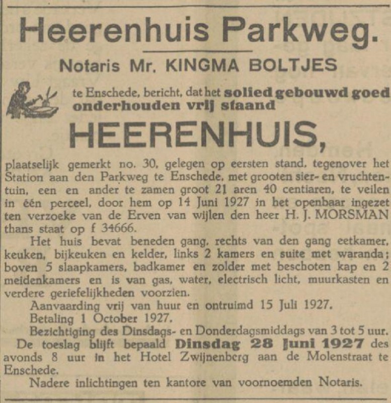 Parkweg 30 H.J. Morsman advertentie Tubantia 25-6-1927.jpg