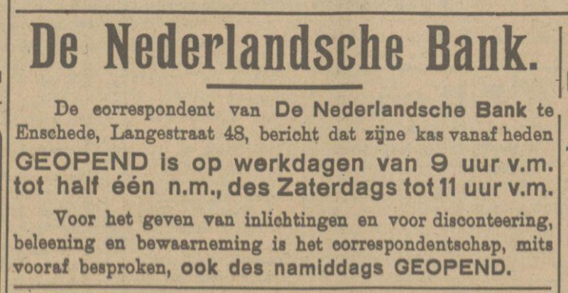 Langestraat 48 Nederlandsche Bank advertentie Tubantia 9-5-1925.jpg