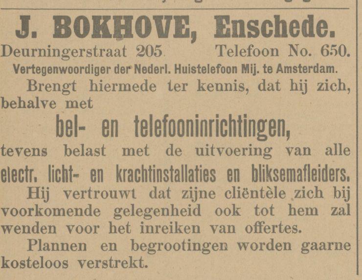 Deurningerstraat 205 J. Bokhove Vertegenwooriger Nederl. Huistelefoon Mij advertentie Tubantia 10-12-1914.jpg