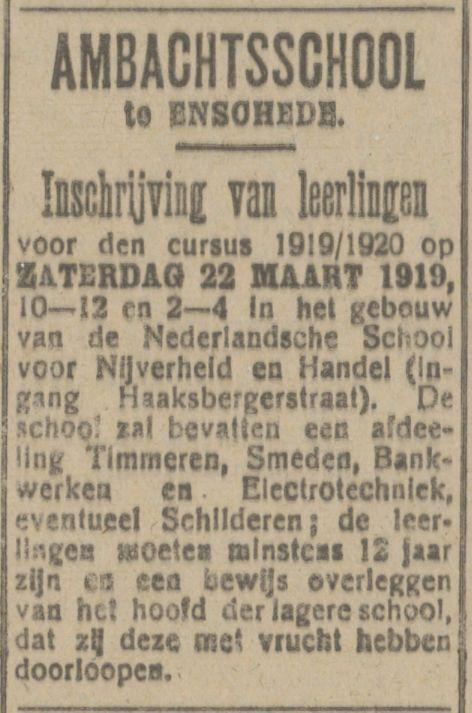 Haaksbergerstraat Nederlandsche School voor Nijverheid en Handel advertentie Tubantia 19-3-1919.jpg
