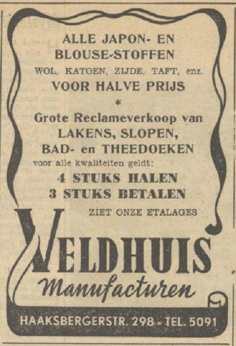 Haaksbergerstraat 298 Veldhuis Manufacturen advertentie Tubantia 10-7-1951.jpg