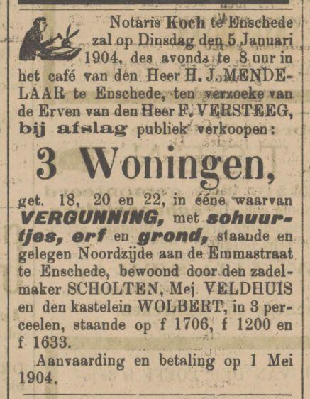 Emmastraat 18, 20, 22 Zadelmaker en stoffeerder C.J. Scholten advertentie Tubantia 29-12-1903.jpg