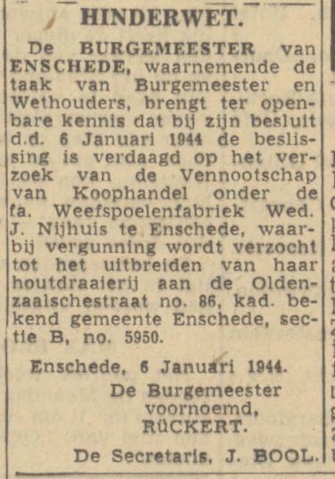 Oldenzaalschestraat 86 Fa. Weefspoelenfabriek Wed. J. Nijhuis krantenbericht 8-1-1944.jpg