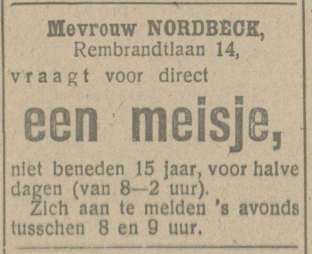 Rembrandtlaan 14 Mevr. Nordbeck advertentie Tubantia 17-9-1918.jpg