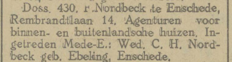 Rembrandtlaan 14 F. Nordbeck Agenturen voor binnen- en buitenlandsche huizen advertentie Tubantia 12-2-1926.jpg