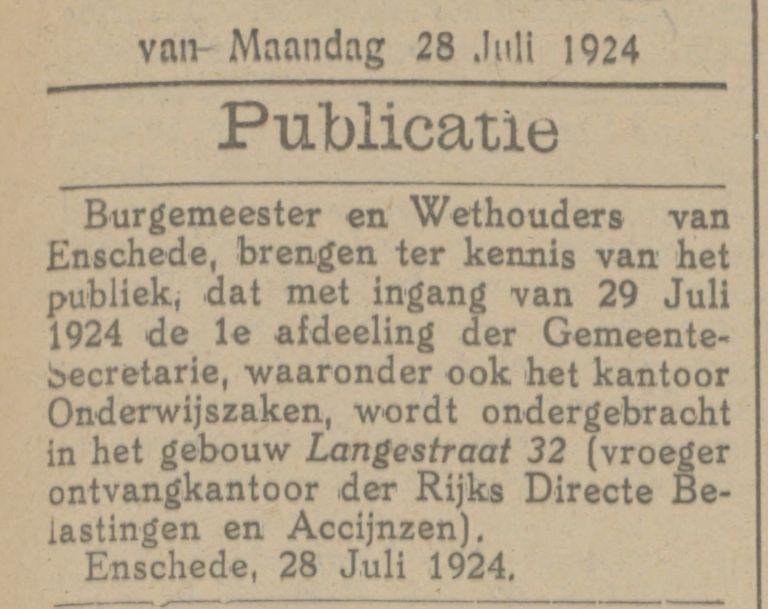 Langestraat 32 Ontvagkantoor Directe Belastingen en Accijnzen krantenbericht Tubantia 28-7-1924.jpg