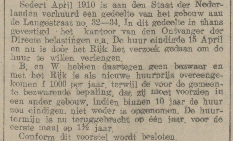 Langestraat 32-34 kantoor Ontvanger directe belastingen krantenbericht 29-6-1920.jpg