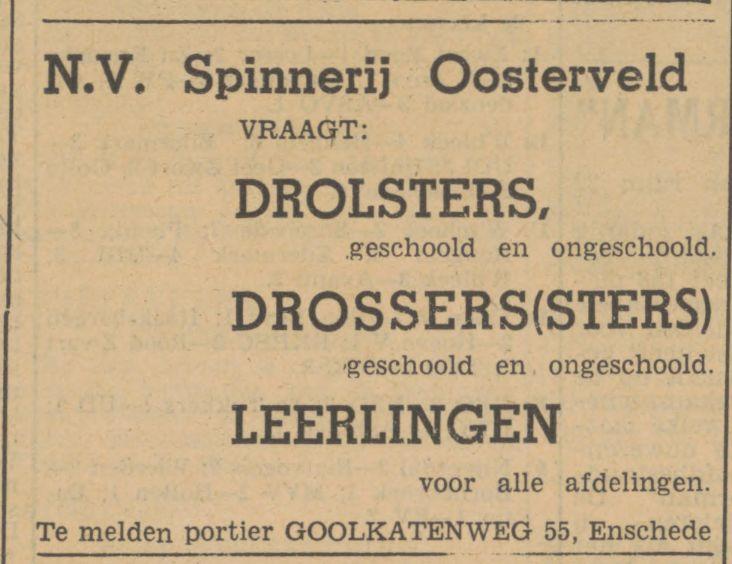Goolkatenweg 55 Spinnerrij Oosterveld advertentie Tubantia 27-9-1947.jpg