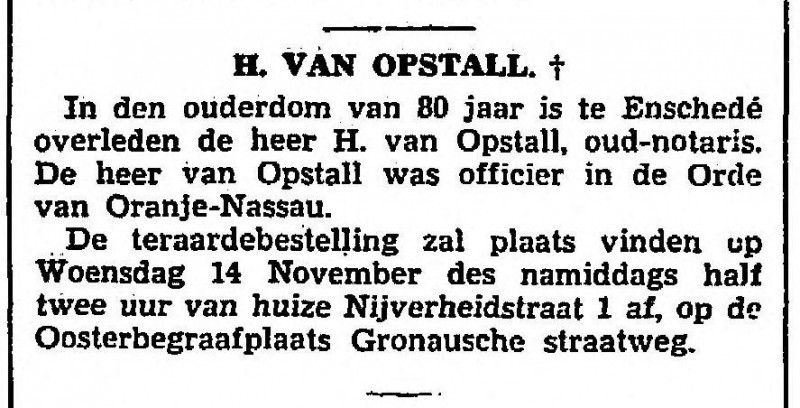 Nijverheidstraat 1 Notaris H. van Opstall overleden krantenbericht 13-11-1939.jpg