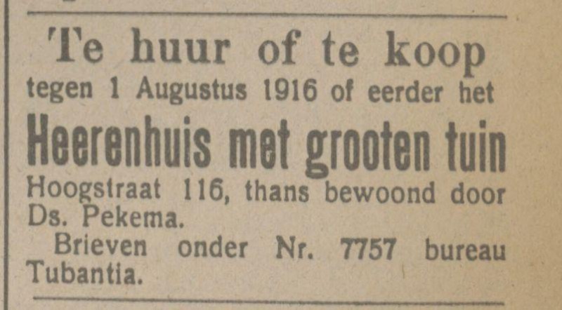 Hoogstraat 116 Ds. Pekema advertentie Tubantia 9-10-1915.jpg
