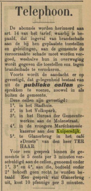 Kuipersdijk vroegere marechausseekazerne publieke spreekcel advertentie Tubantia 15-8-1903.jpg