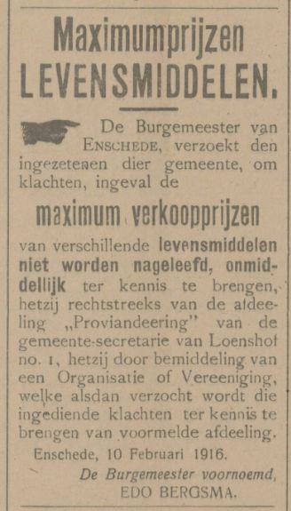 van Loenshof 1 Gemeentesecretatie advertentie Tubantia 10-2-1916.jpg