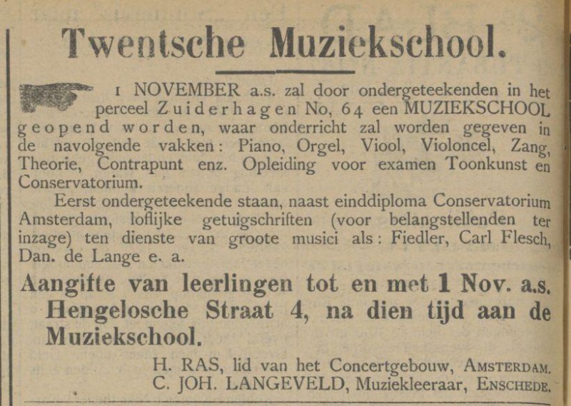 Twentsche Muziekschool H. Ras en C. Joh. Langefeld advertentie Tubantia 14-9-1912.jpg