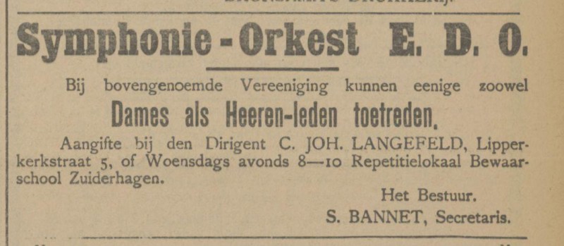 Lipperkerkstraat 5 Dirigent C. Joh. Langefeld advertentie Tubantia 6-2-1914.jpg