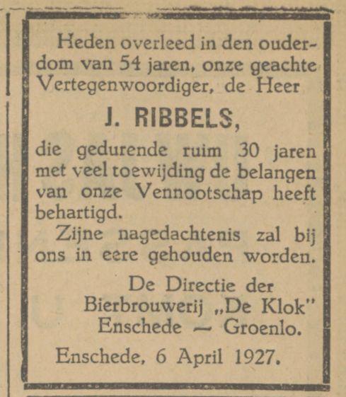 J. Rikbbels Hoofdvertegenwoordiger Bierbrouwerij De Klok. overlijdensadvertentie Tubantia 6-4-1927.jpg