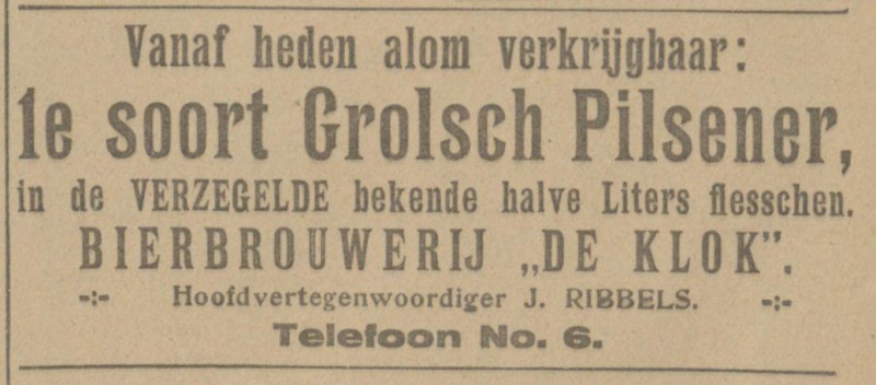 J. Rikbbels Hoofdvertegenwoordiger Bierbrouwerij De Klok. Telefoon 6. advertentie Tubantia 11-4-1922.jpg