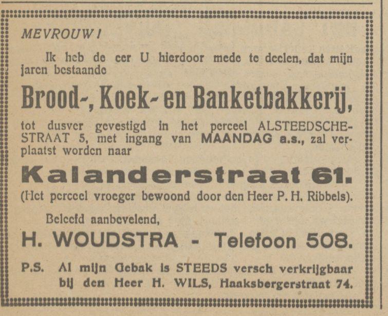 Kalanderstraat 61 P.H. Ribbels bakkerij nu H. Woudstra advertentie Tubantia 30-8-1924.jpg