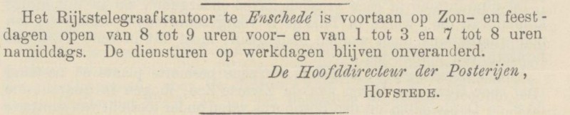 Rijkstelegraafkantoor Enschede krantenbericht Nederlandsche staatscourant 27-8-1887.jpg