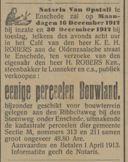 Ribbeltsweg Steenweg H. Robers Kzn. steenbakker advertentie Tubantia 30-11-1912.jpg