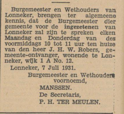 J.H.W. Robers gemeenteontvanger Lonneker krantenbericht Tubantia 8-7-1931.jpg
