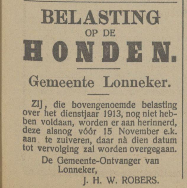 J.H.W. Robers gemeenteontvanger Lonneker krantenbericht Tubantia 22-10-1913.jpg