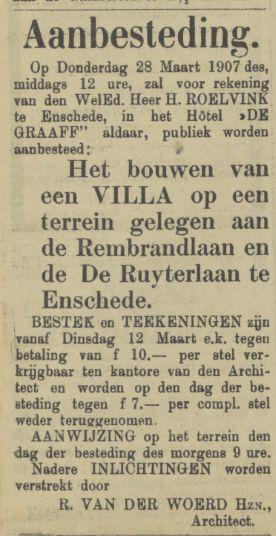 De Ruyterlaan hoek Rembrandtlaan H. Roelvink advertentie Tubantia 21-3-1907.jpg