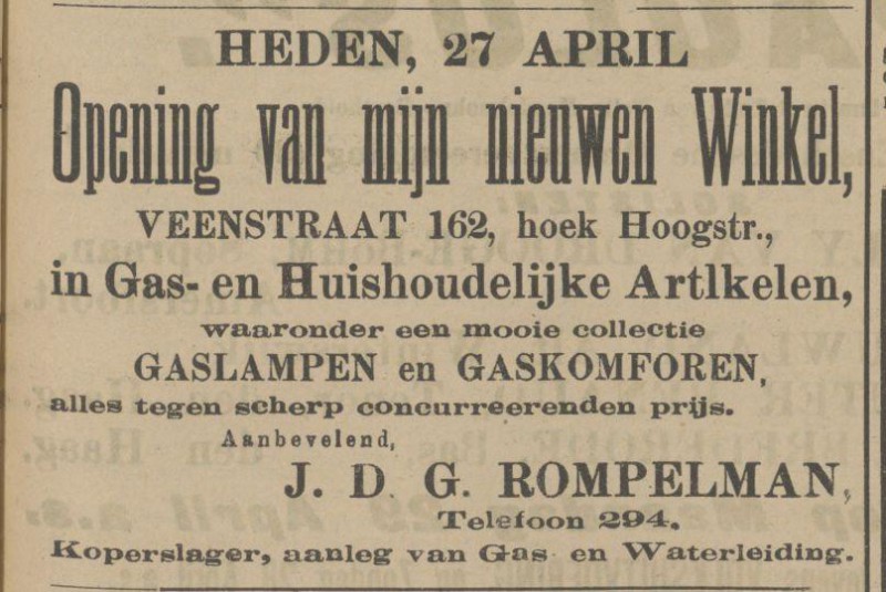 Veenstraat 162 hoek Hoogstraat J.D.G. Rompelman Koperslager advertentie Tubantia 27-4-1912.jpg