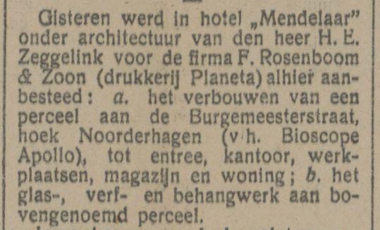 Burgemeesterstraat hoek Noorderhagen verbouwing bioscoop Apollo tot Drukkerij Planeta van Firma F. Rosenboom & Zoon krantenbericht Tubantia 19-8-1935.jpg