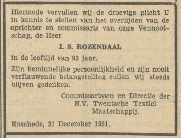 I.S. Rozendaal overlijdensadvertentie Tubantia 31-12-1951.jpg