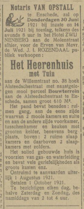 Willemstraat 38 Mevr. Wed. J.I. Rozendaal advertentie Tubantia 18-6-1921.jpg