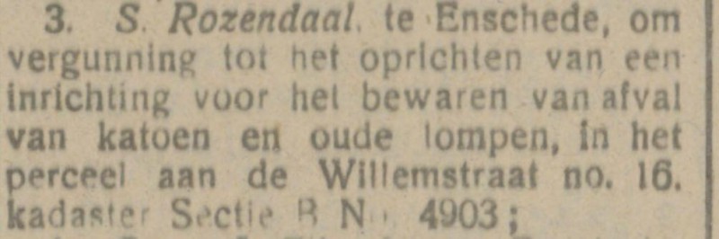 Willemstraat 16  S. Rozendaal krantenbericht Tubantia 24-8-1918.jpg