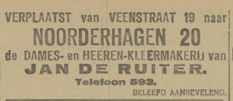 Veenstraat 19 Jan de Ruiter Dames- en Heeren Kleedermakerij advertentie Tubantia 24-2-1921.jpg