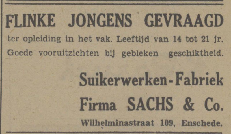 Wilhelminastraat 109 Suikerwerkenfabriek Firma Sachs & Co. advertentie Tubantia 13-4-1948.jpg