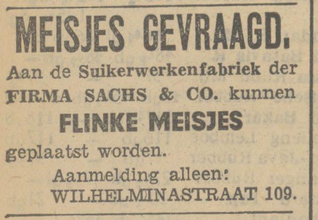 Wilhelminastraat 109 Suikerwerkenfabriek Firma Sachs & Co. advertentie Tubantia 13-4-1934.jpg