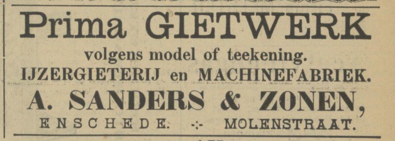 Molenstraat A. Sanders & Zonen IJzergieterij en Machinefabriek advertentie Tubantia 6-8-1910.jpg