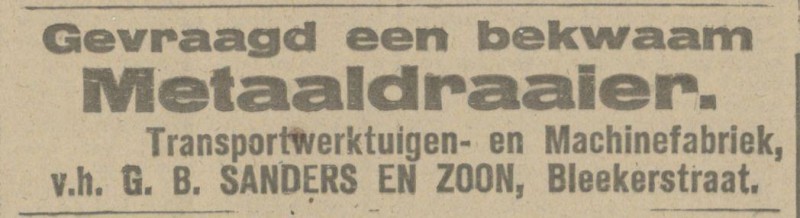 Bleeekerstraat Traansportwerktuigen- en Machinefabriek v.h. G.B. Sanders en Zoon advertentie Tubantia 8-8-1918.jpg