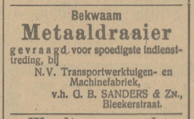 Bleeekerstraat Traansportwerktuigen- en Machinefabriek v.h. G.B. Sanders en Zoon advertentie Tubantia 5-5-1916.jpg