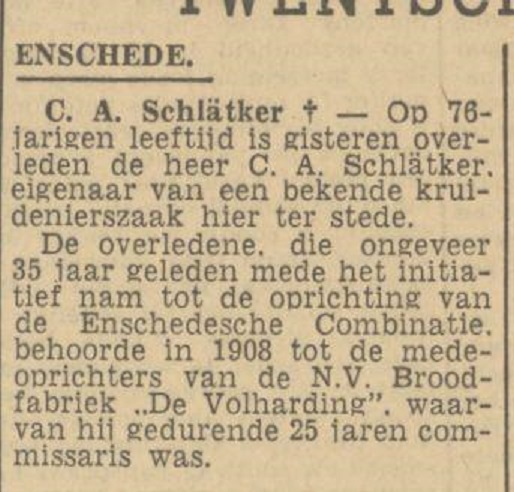 Kottendijk 74 hoek Walhofstraat C.A. Schlätker van lvensmiddelenbedrijf overleden krantenbericht Tubantia 6-1-1944.jpg