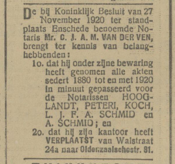 Walstraat 24a Notaris A. Schmid advertentie Tubantia 24-1-1921.jpg