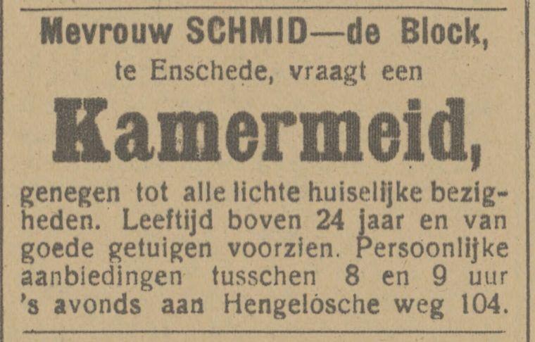 Hengeloscheweg 104 Mevr. Schmid advertentie Tubantia 30-7-1917.jpg