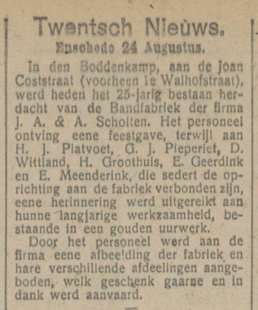 1e Walhofstraat Bandfabriek J.A. & A.. Scholten krantenbericht Tubantia 24-8-1918.jpg