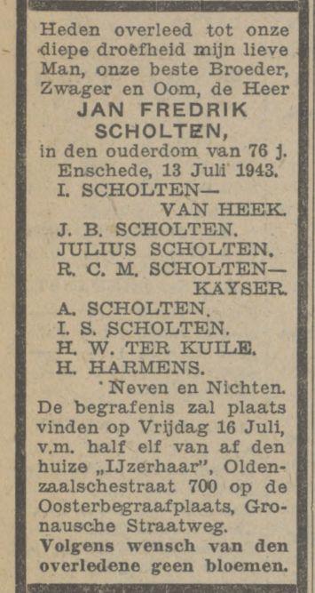 Oldenzaalsestraat 700 huize IJzerhaar overlijdensadvertentie 14-7-1943.jpg