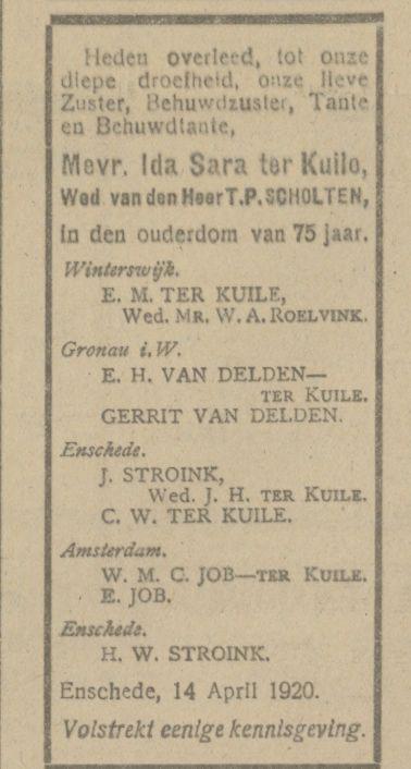 Ida Sara ter Kuile Wed. van T.P. Scholten overlijdensadvertentie Tubantia 15-4-1920.jpg