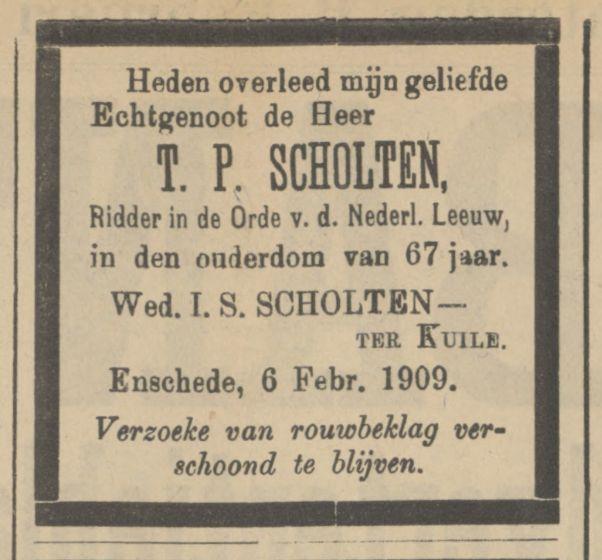 Wed. T.P. Scholten-ter Kuile overlijdensadvertentie 6-2-1909.jpg
