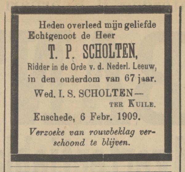 Wed. T.P. Scholten-ter Kuile overlijdensadvertentie 6-2-1909.jpg