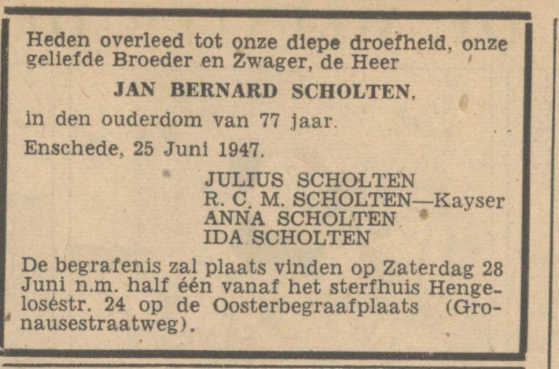 Hengeloschestraat 24 Jan Bernard Scholten overlijdensadvertentie Tubantia 26-6-1947.jpg