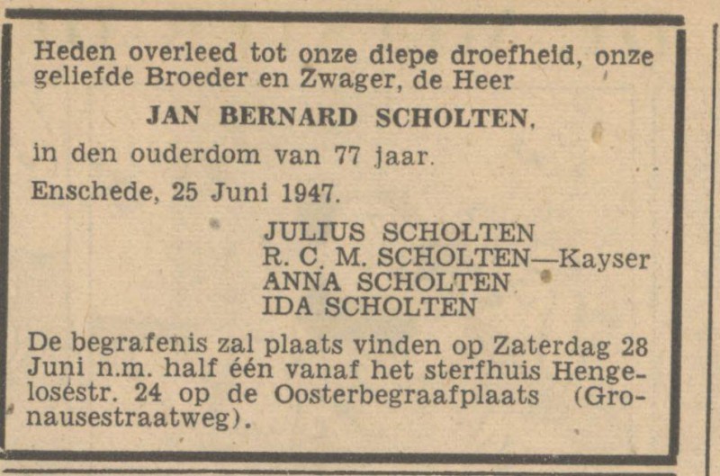 Hengeloschestraat 24 Jan Bernard Scholten overlijdensadvertentie Tubantia 26-6-1947.jpg